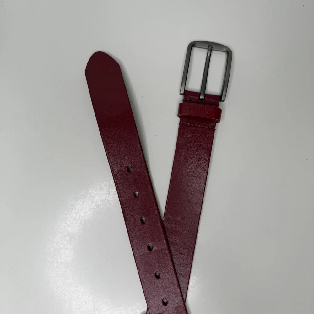 Buffway Leather Belt Mens Burgundy Red Gunmetal Buckle Classic Minimalist 34